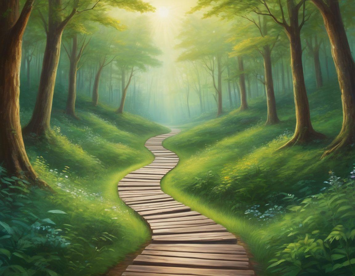 A serene landscape featuring a pathway leading through a lush green forest, symbolizing the journey from diagnosis to recovery. Alongside the pathway, illustrations of various holistic health practices like yoga, meditation, and nature therapy. In the background, a subtle representation of clinical trial elements, like DNA strands and medical charts, blending harmoniously with the natural scenery. Soft, warm lighting to evoke hope and healing. painting. vibrant colors.