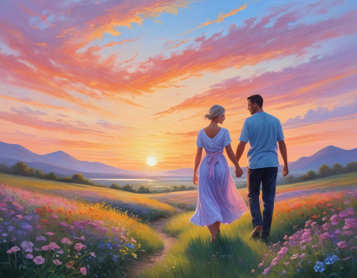 A serene landscape featuring a vibrant sunset, symbolizing hope and strength, intertwined with silhouettes of individuals embracing each other, representing camaraderie among cancer survivors. In the foreground, gentle wildflowers bloom, embodying resilience and wellness. Incorporate subtle elements like a ribbon symbolizing cancer awareness gently fluttering in the breeze. pastel colors. painting.
