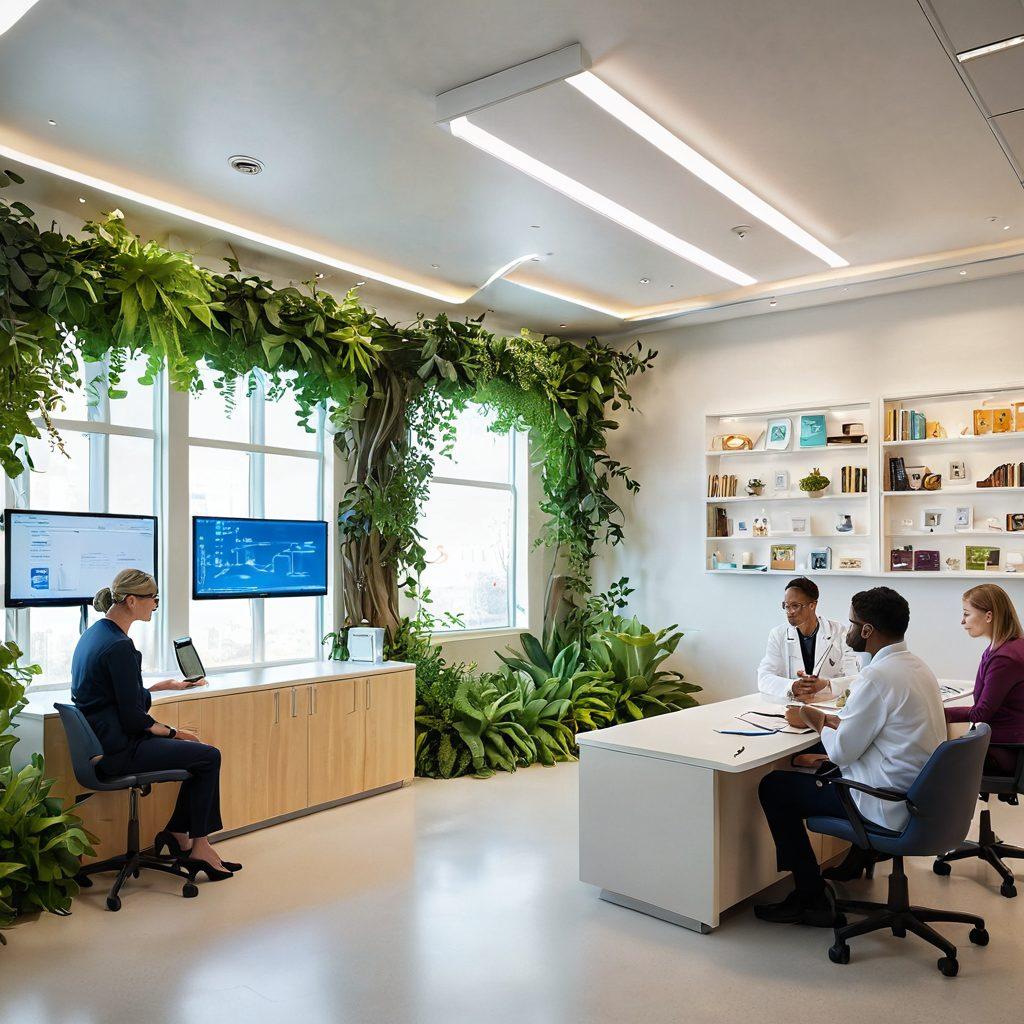 A serene and enlightening scene featuring a diverse group of healthcare professionals in a bright, modern oncology clinic, engaging with patients through interactive displays of cancer research and wellness support. Show elements like leafy plants for a calming atmosphere, soft lighting, and supportive interactions that promote community and healing. Include symbols of knowledge such as books, tablets, and charts subtly blended into the environment. super-realistic. vibrant colors. 3D.